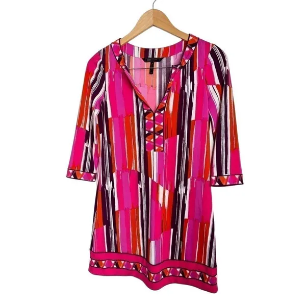 BcbgMaxAzria Dress Size XXS Psychedelic Mod Shift 3/4 Sleeve Multicolor‎ V Neck - Image 3