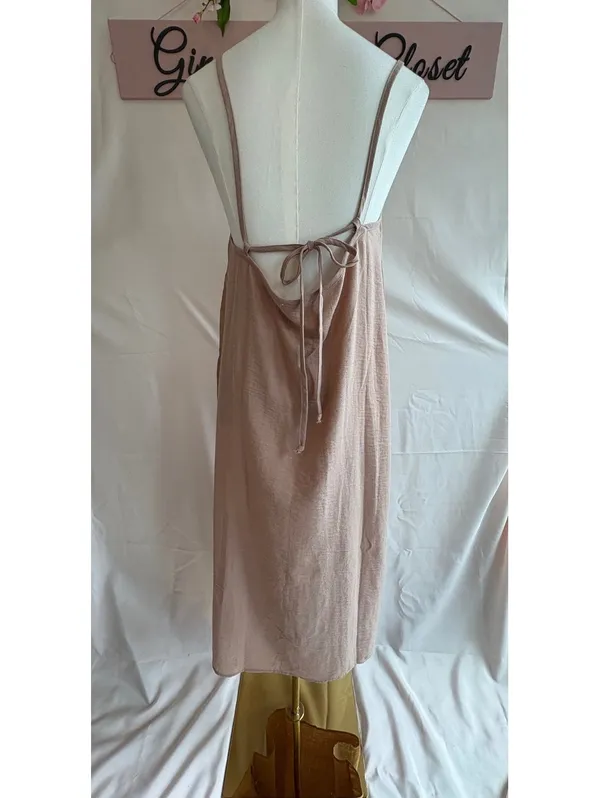 Double Zero Spicy Small Beige Linen Midi Dress with Tie Back - Image 2