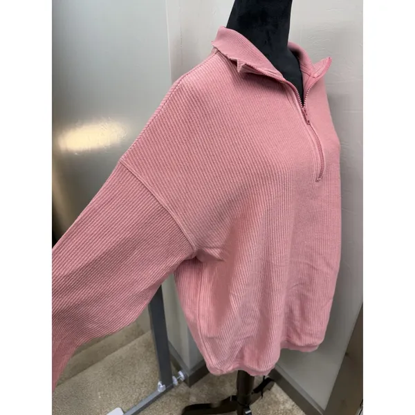 Aerie Ribbed Pink Sweatshirt Relaxed Oversized Fit 1/4 Zip Lounge NEW W Tags S - Image 3