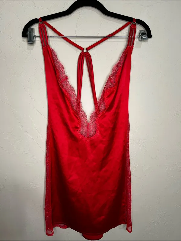 Victoria's Secret Red Satin Lace Chemise Slip Dress & Robe 2 Piece‎ Lingerie Set - Image 4