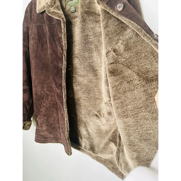 VINTAGE EDDIE BAUER Brown Faux Fur Lined Suede Leather Oversized Coat Size M - Image 4