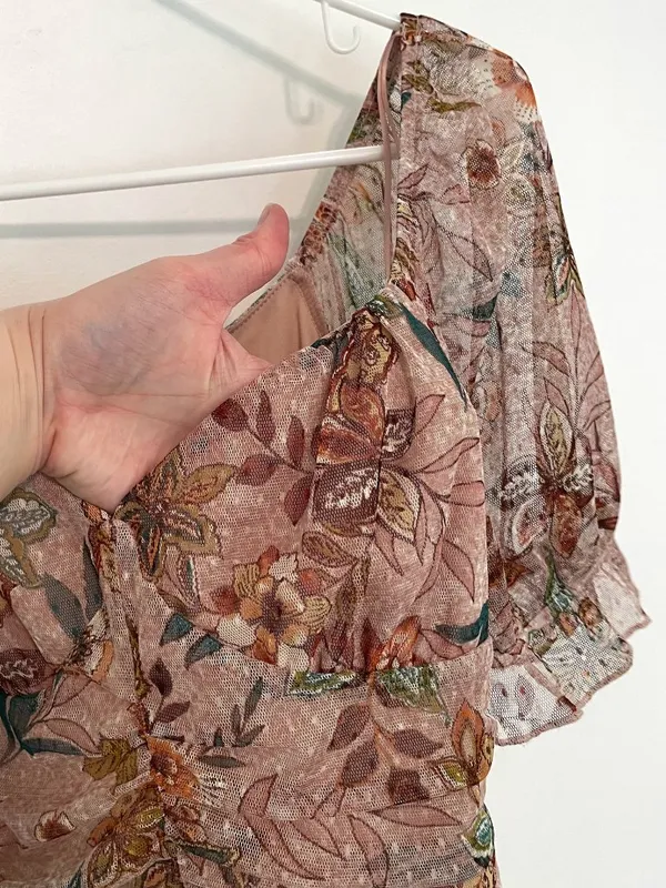 MERAKI Mauve Pink Floral Mesh Ruched Short Sleeve Puff Sleeve Crop Top Blouse L - Image 5