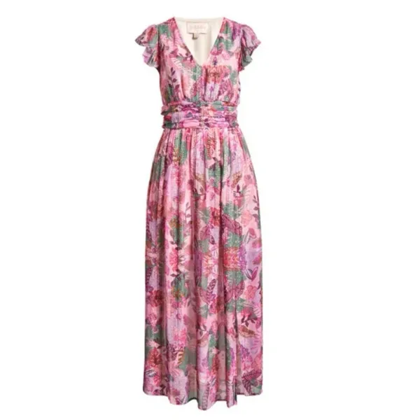 CIEBON Jennsen Ruched Flutter Sleeve Maxi Dress In Pink Size Small Floral - Image 2