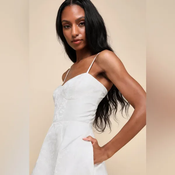 Lulus Meet for Tea White Jacquard Bustier Midi Dress With Pockets - Image 3