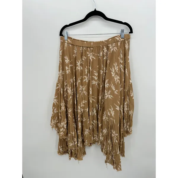 Boho Floral Handkerchief Midi Skirt Brown Raw Hem Asymmetrical Festival Fairy - Image 3