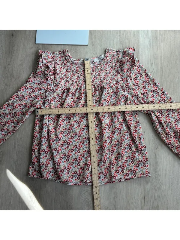 Loft EUC Women's Red Yellow Floral Smocked Ruffle Shoulder Knit Blouse Size L - Image 8