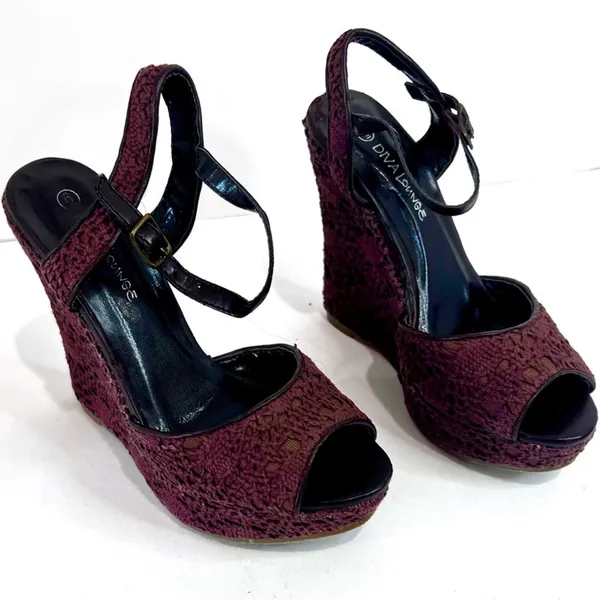 Wild Diva Lounge Brown Crochet Platform Wedge Sandals Size 6 Y2K - Image 5