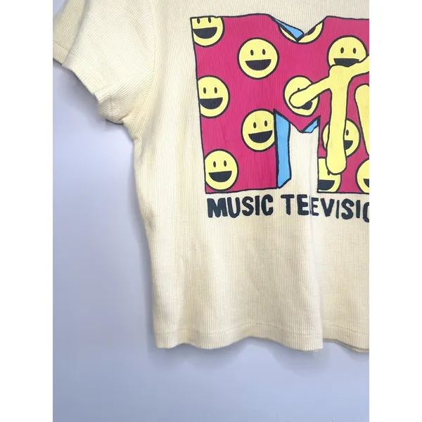 MTV Graphic Tee Women's Large Butter Yellow Ribbed Smiley Face Y2K‎ Retro Music - Image 8