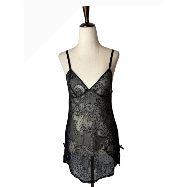 Victoria's Secret Chemise Women Medium Black Sheer Lace Corset Back Coquette - Image 3