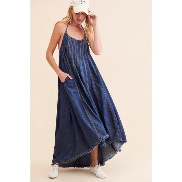 Free People Denim Dreams Midi Maxi Dress in 70s Blue Large Jean Jumper Retro - Image 14