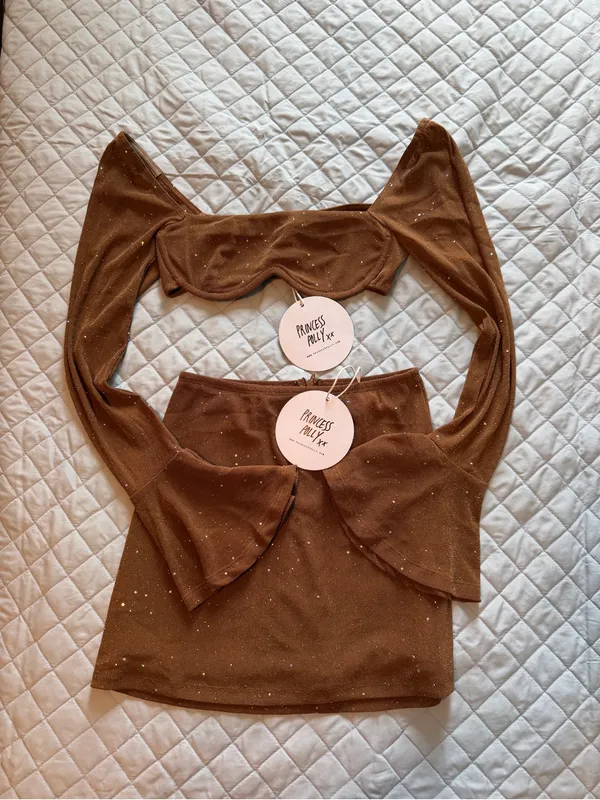 Princess Polly Brown Glitter Long Sleeve Mini Skirt Set - Image 2