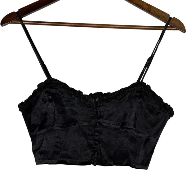 Zara Ruffled Satin Crop Top Adjustable Straps Front Buttons Smocked Back M Black - Image 11