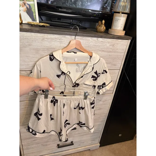 Women Pajama Set Short Sleeve Button Down Shorts Bow Print Cream Black Medium - Image 2