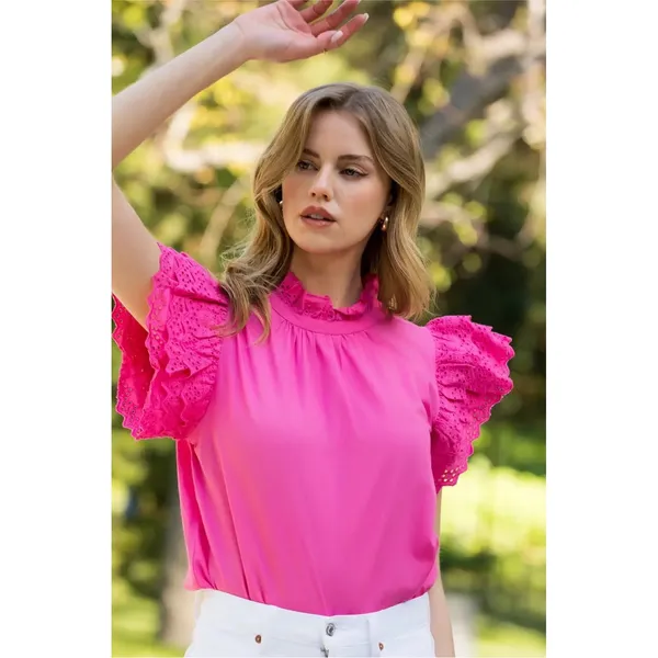 THML Women Cotton Top Medium Pink Eyelet‎ Ruffle Preppy Garden Party Resort - Image 3