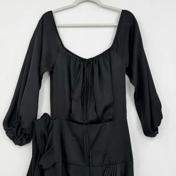 Four National Black Satin Asymmetrical Midi Dress Tie Waist Romantic Goth Size 4 - Image 3