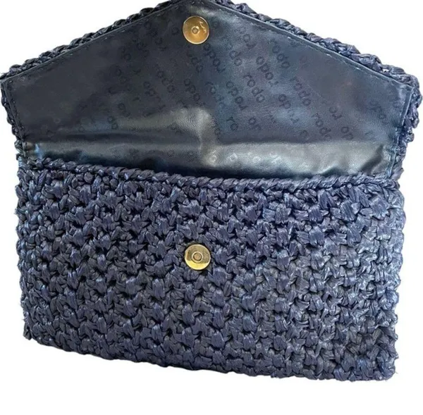 Vintage Navy Blue Woven Straw Envelope Clutch Purse Shoulder Bag - Image 4