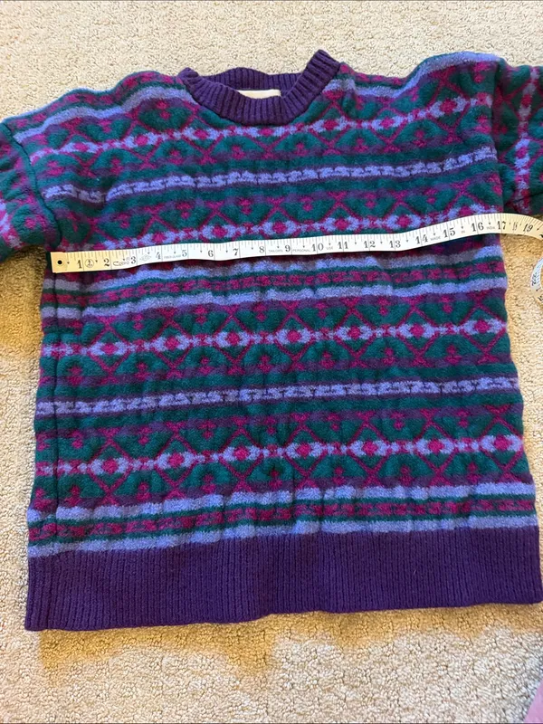 Vintage Top Notch Knits 100% Wool Handcrafted Fair Isle Sweater Purple Teal - Image 7