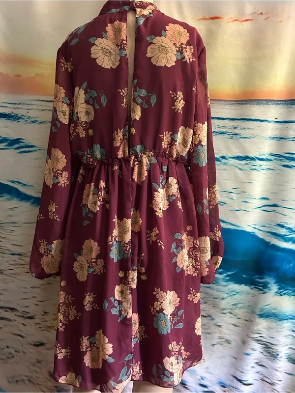 Bailey Blue Women’s Floral High-Neck A-Line Dress Burgundy & Pink Floral LG - Image 2