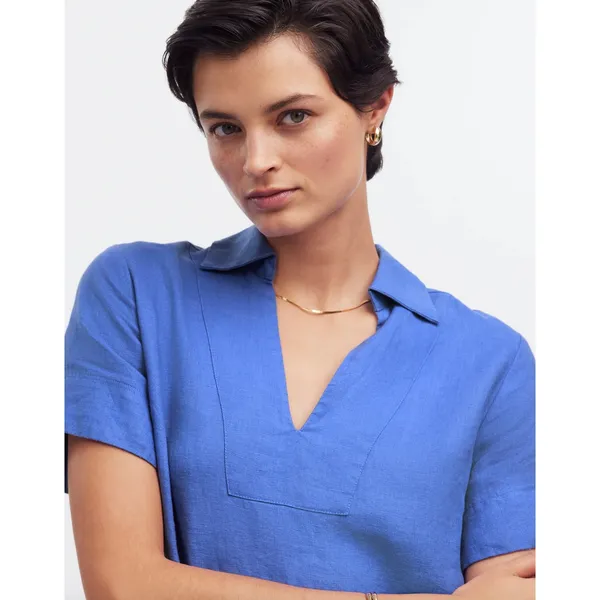 Madewell V Neck Mini Dress Linen Blue Pockets Easy Shift Relaxed Coastal XS NWT - Image 5