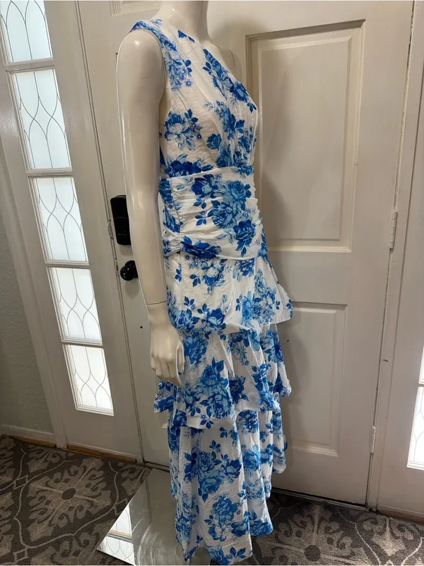 Selfie Leslie One-Shoulder Yellow Dress with Blue Floral Print Size Medium A1 - Image 8