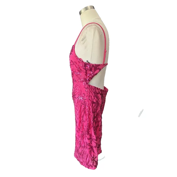 Crystal Sky Pink Sequin Mini Dress Women's L Sparkly Swiftie Spaghetti Strap NWT - Image 4