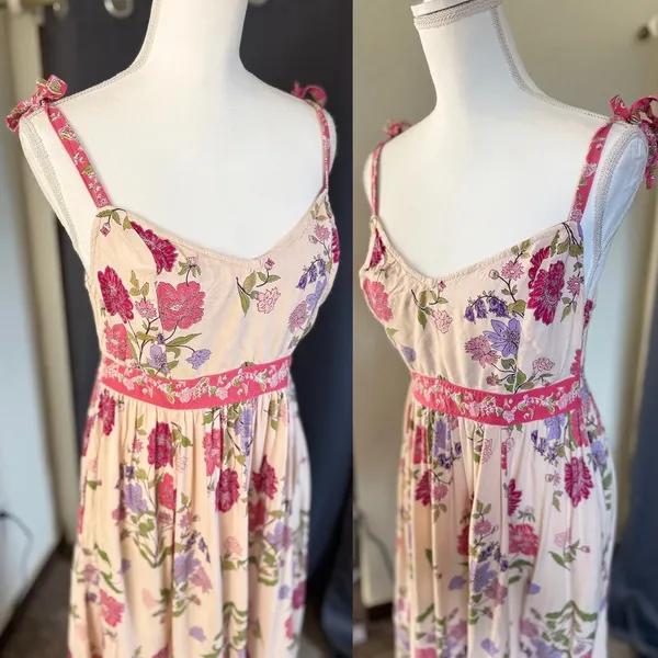 Patrons of Peace Floral Tie Strap Midi Dress Boho Cottagecore Smocked Medium - Image 5