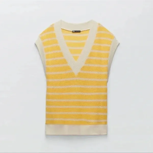 Zara Yellow and White Striped Zara V-Neck Sleeveless Knit Sweater Medium (NWT) - Image 6