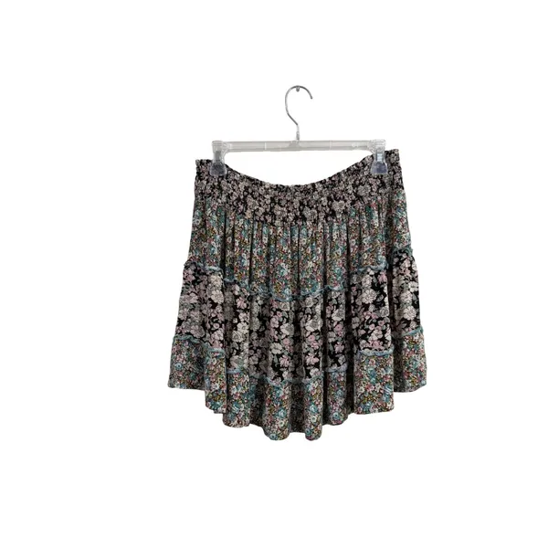 Natural Life Floral Smocked Tiered Mini Skirt Womens Large Black Pink Rayon Boho - Image 2