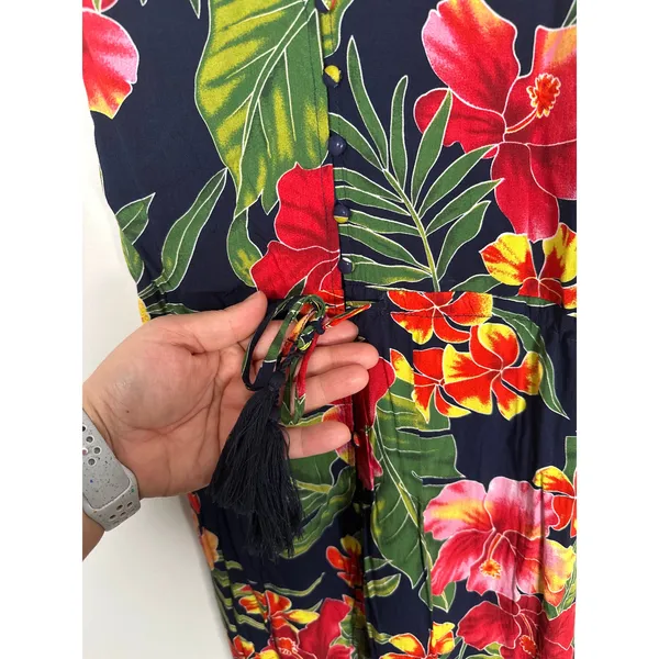 Lulus PURA VIDA NAVY BLUE TROPICAL PRINT BUTTON-UP HIGH-LOW MIDI DRESS‎ Small - Image 3