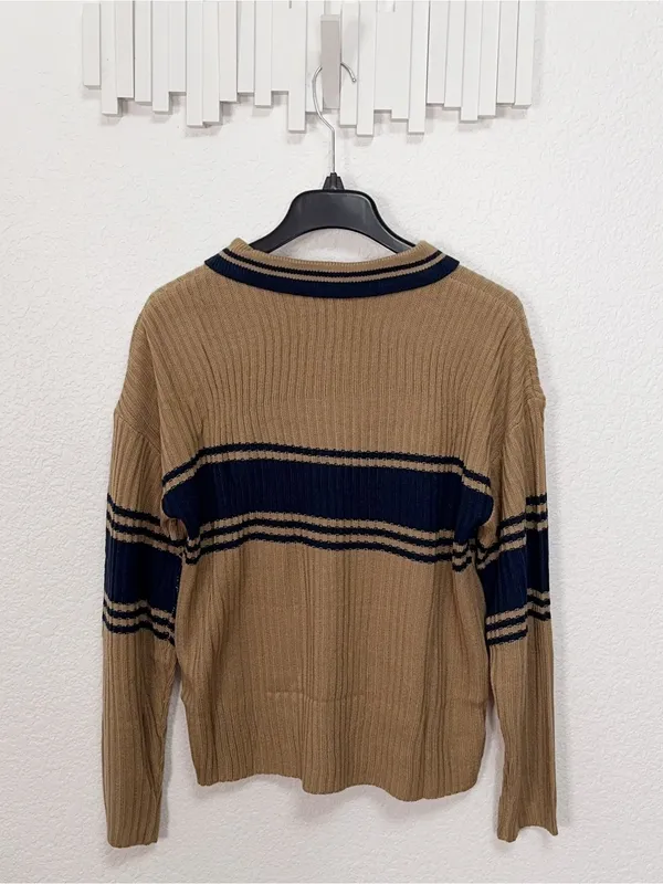 Miss Sparkling Camel Navy Striped Polo Collar Knit Sweater - Image 6