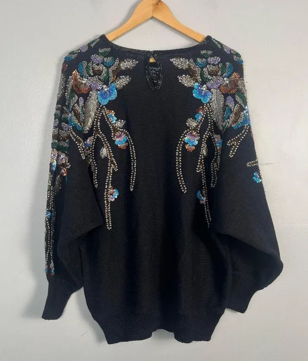 VTG Bonnie Boerer Floral Sequin Sweater Size 1X Black knit Y2K 90s beaded - Image 6