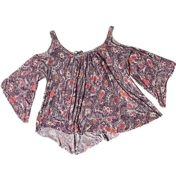 Free People Boho Cold Shoulder Blouse Womens Large Purple Paisley Bell Sleeve - Image 2