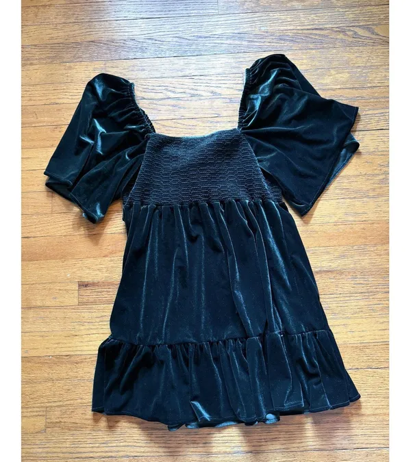 Chelsea & Violet Dress Womens XL Green Velvet Puff Sleeve Smocked Babydoll New - Image 4