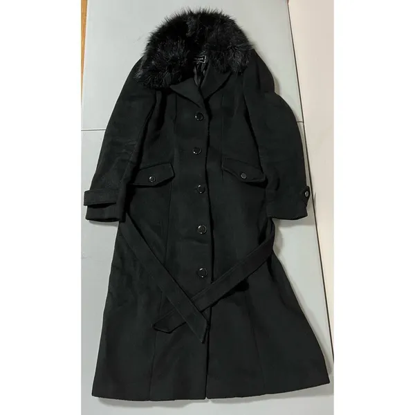 Guess Black Fur Wool Belted Trench Coat Peacoat Winter Jacket Size S 🖤 - Image 3