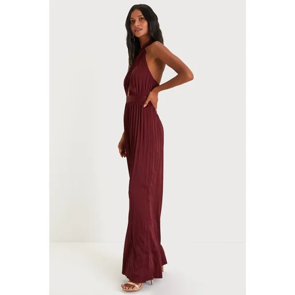 Lulus Confident Impression Burgundy Satin Pleated Halter Jumpsuit Small NWT - Image 2