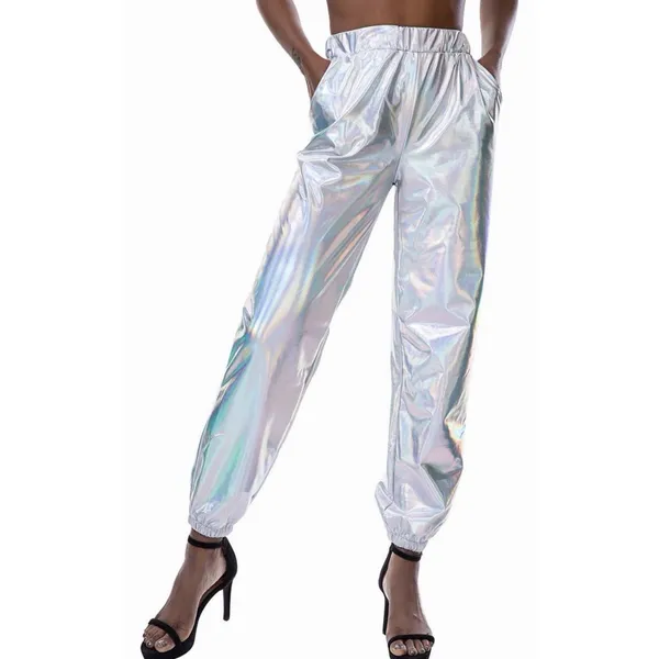 Women's Shiny Metallic High Waist Stretchy Jogger Pants Iridescent Silver XL - Image 2