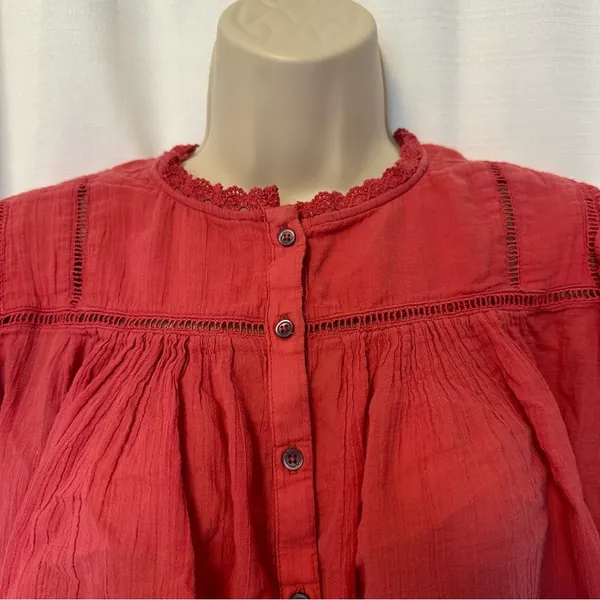 Free People Laura Western Top Red Berry Size XS Boho Embroidered FLAW Repaired - Image 10