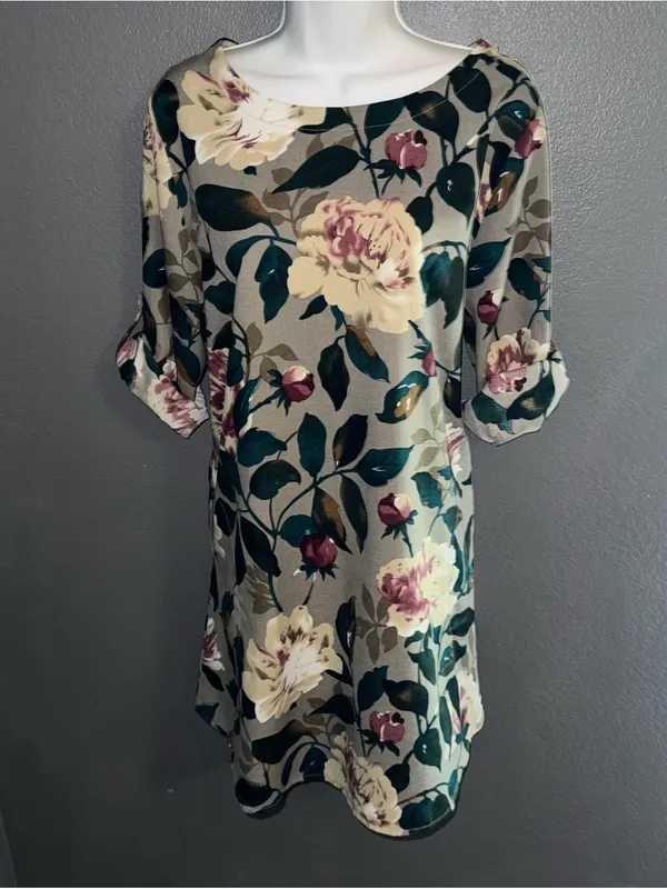 Women’s Floral Boutique Shift Short Sleeve Beige Brown Dress size Large - Image 6