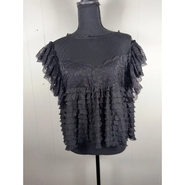 Maeve Anthropologie Black Ruffled Tulle Lace Blouse Sheer Polka Dot Mesh Top L - Image 3
