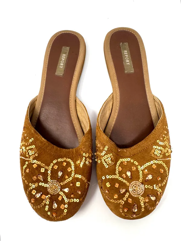 REPORT brown fabric/sequins/beading slides, unmarked size 9 - Image 4