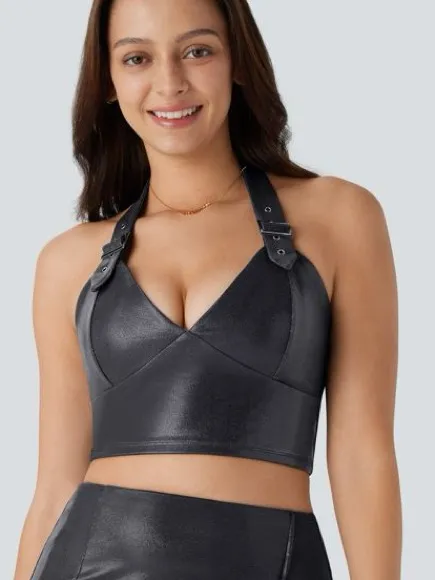 🌟NWT HALARA Faux Leather Party Halter Top —Backless, Adjustable Straps - Image 2
