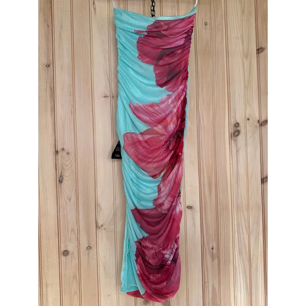 NWT Lulus Jeanna Aqua and Pink Floral Mesh Midi Dress Strapless Party Sz XS FLOW - Image 5