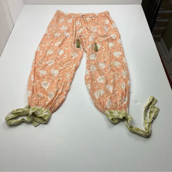 World Market Peach Green Floral Print Pajama Pants Womens Size‎ Small Pull On - Image 2
