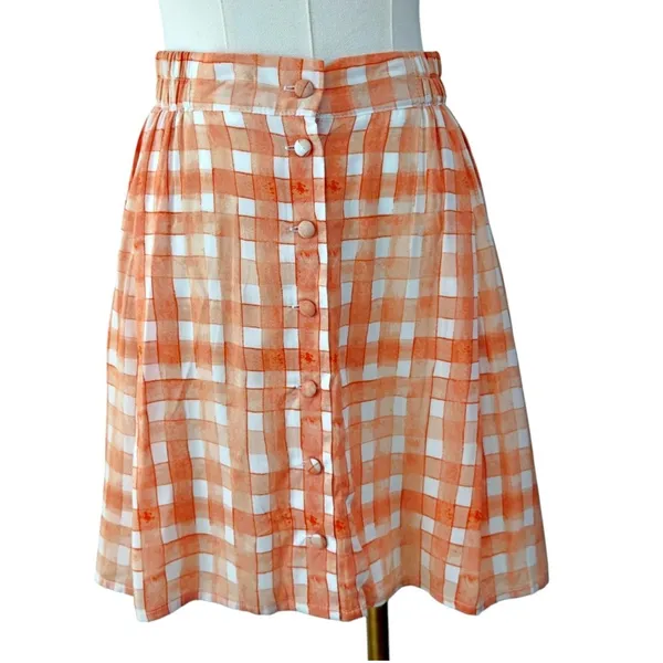 Urban Outfitters Orange Checked Button Up Pleated Mini Skirt - Image 2