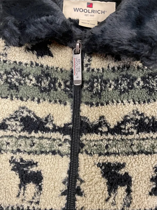 Woolrich Women’s Sherpa Faux Fur Moose Stripe Green Black Tan Zip-Up Vest - Image 3