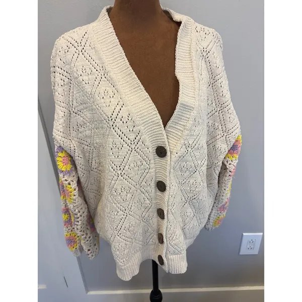 POL Women Cream Pointelle Knit BoHo Cardigan Crochet Granny Square Sleeve Large - Image 4