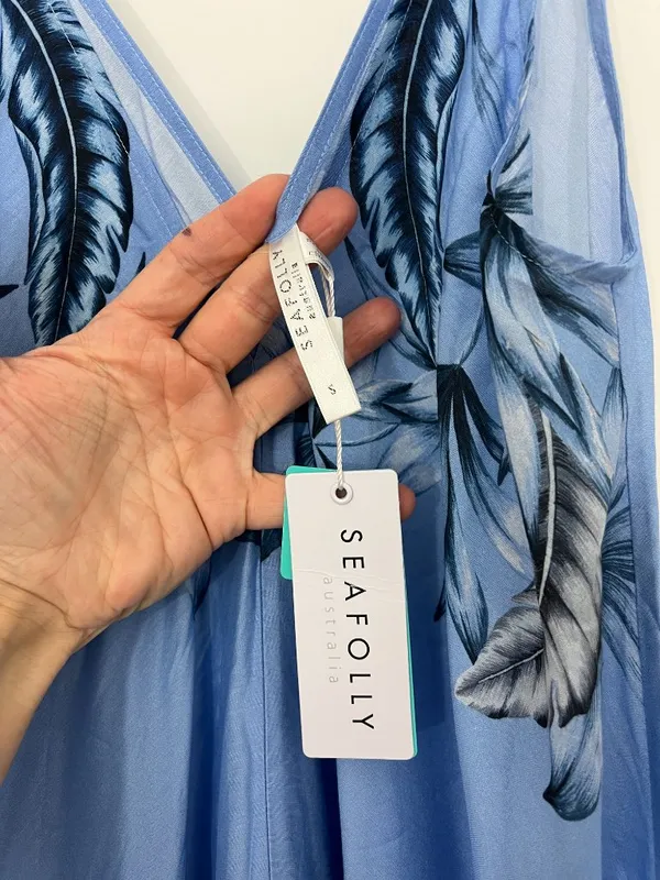 New Seafolly Small Pool Blue Tahitian Night Scarf Handkerchief Hem Midi Dress - Image 6