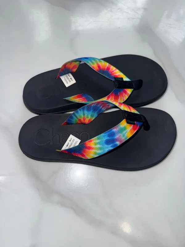 Chacos chillos Black Flip Flops with Rainbow Tie-Dye Straps - Image 3