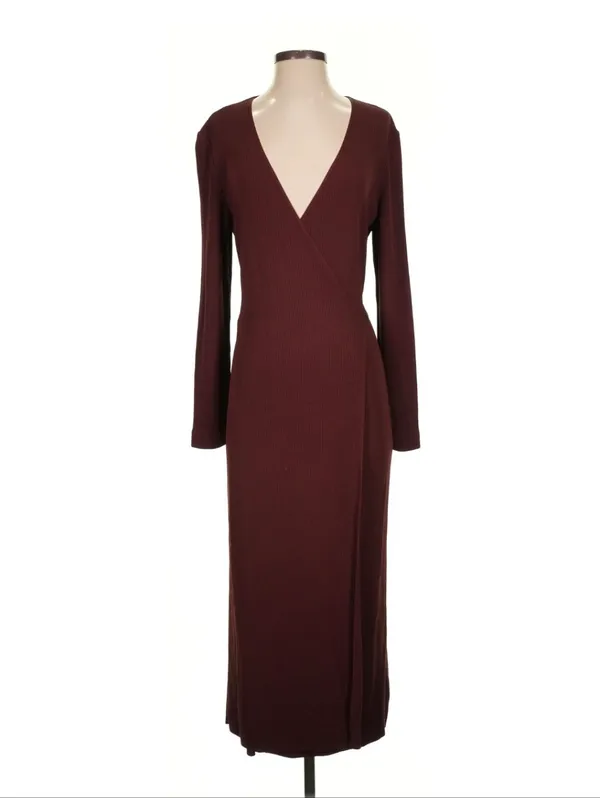 Arket Ribbed Wrap Midi Dress Viscose Blend Deep Brown S Office Casual - Image 2