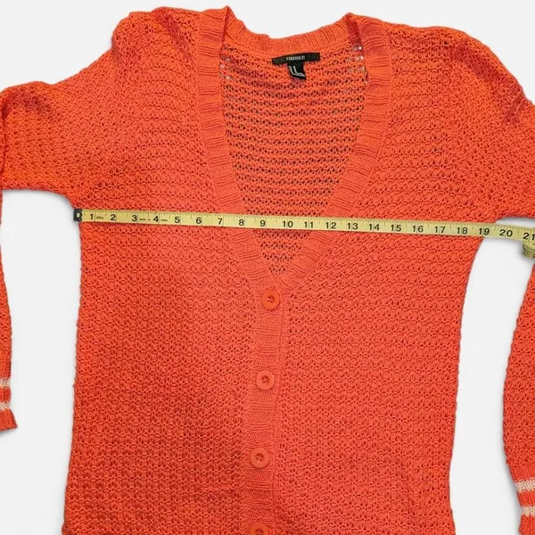Forever 21 Bright Coral Knit Cardigan with Cream Varsity Stripes, Medium - Image 6